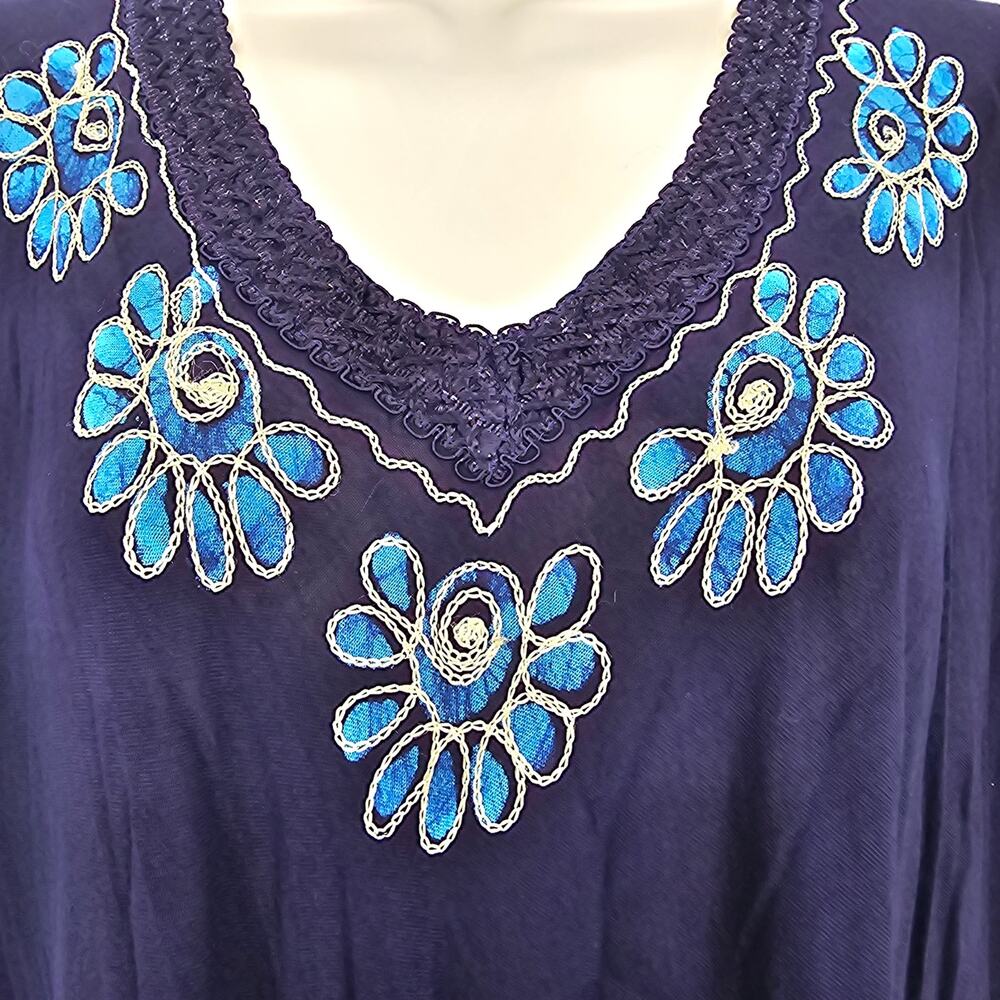 Asha Womans size L Short Sleeve Midi V-Neck Dress Blue Embroidered Floral - Picture 2 of 8